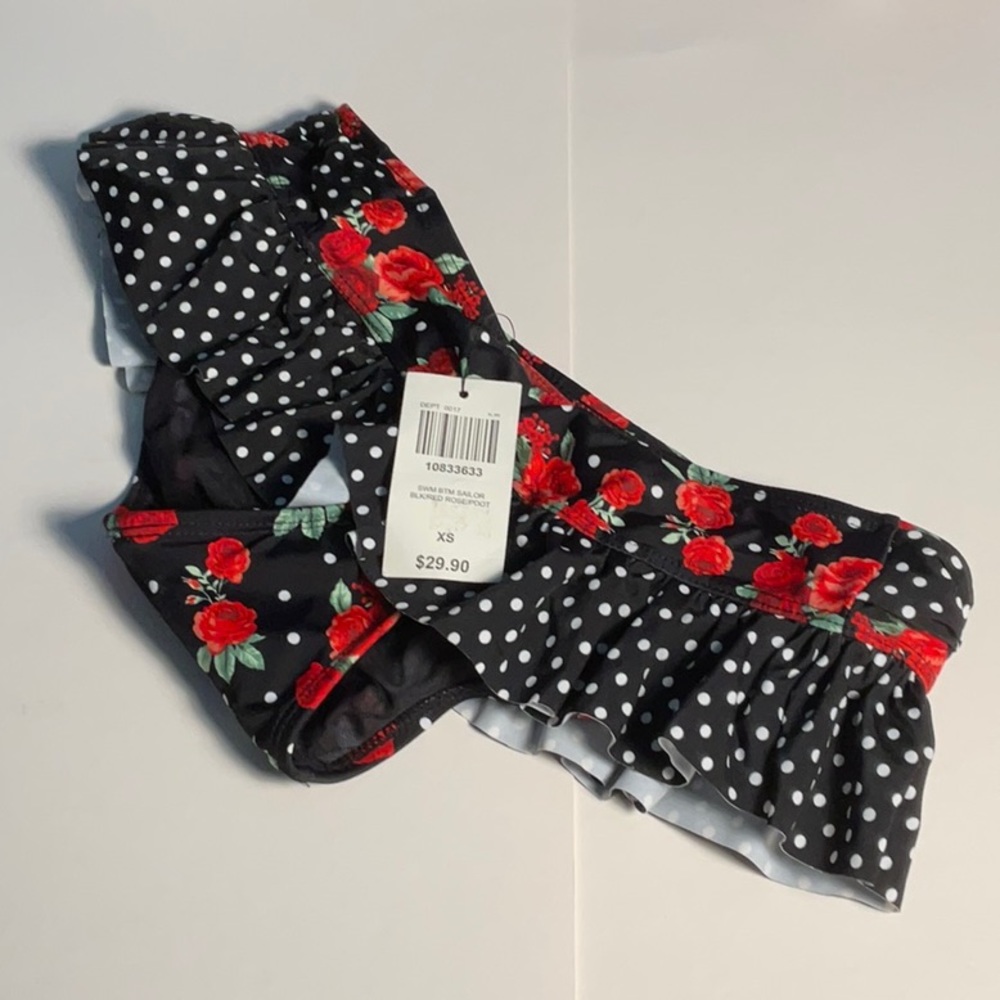 B23 Hot Topic Red Rose Black and White Polka Dot Sailor Bikini Bottom Juniors XS